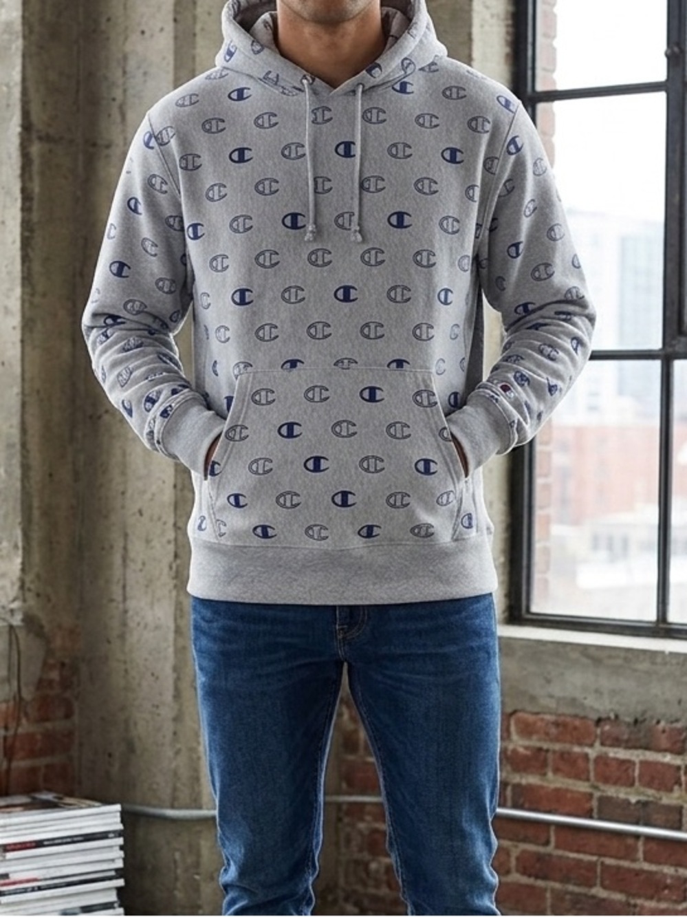 Champion Reverse Weave Gray Hoodie with Blue Allover Logos